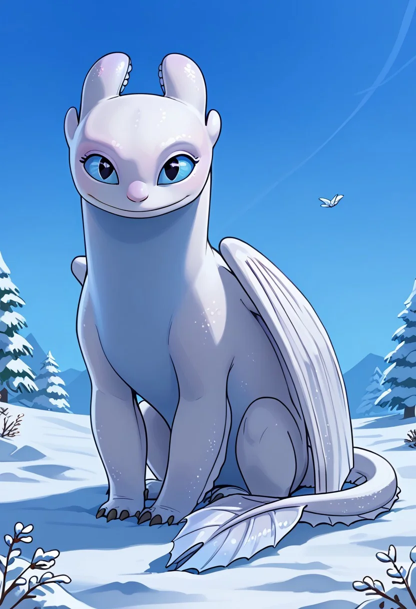 BREAK score_9, score_8_up, score_7_up, 1girl, solo, light_fury, feral, two-tone skin, white-blue skin, blue eyes, white wings, tail, (heart-shaped tail tip), smile, sitting, snow season,