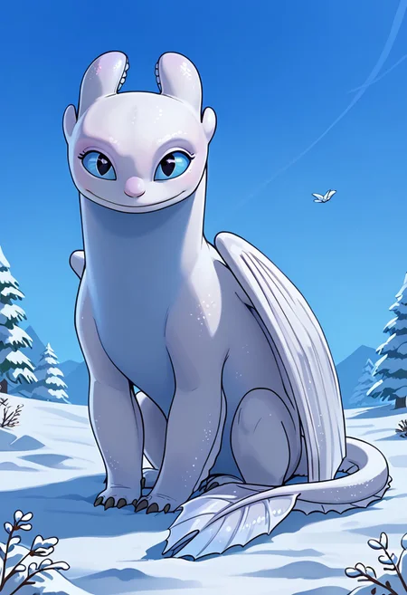 BREAK score_9, score_8_up, score_7_up, 1girl, solo, light_fury, feral, two-tone skin, white-blue skin, blue eyes, white wings, tail, (heart-shaped tail tip), smile, sitting, snow season,