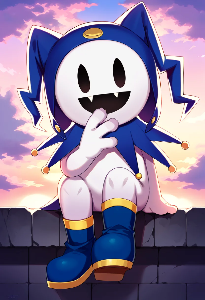 score_9, score_8_up, score_7_up, source_anime, BREAK solo, no humans, <lora:FE3H-S-Rank-pdxl_Fp:1>, sky, cloud, sunset, looking at viewer,   <lora:Jack-Frost-pdxl_Fp:1>,  jackfrostsmt, creature, white skin, solid oval eyes, :d, fangs, jester cap, blue footwear, sitting,
