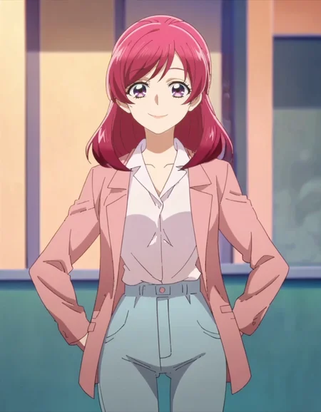 score_9, score_8_up, score_7_up, anime screencap, solo,1girl,yumeharanozomi, smile, jacket, pink jacket, shirt, looking at viewer, open jacket, white shirt, open clothes,pants, long sleeves,formal, cowboy shot, medium breasts<lora:yumeharanozomi:0.8>,