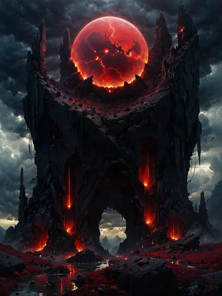 <lora:more_artful-xl:0.8> <lora:add-detail-xl:2.4> <lora:style-matte_black_contrast-xl-v3-by_tijuanaslumlord:1.0> <lora:style-the_dark_side_of_the_earth-xl-by_andreac75:0.5> <lora:envybetterhiresfixxl01-xl:0.0:hr=1.0>, vntblk, movie poster art, [blood moon, red moon, darkest night, dark forest path with trees standing in line, black and red, low angle:famous artwork by (jessica rossier:1.2) and (dan mumford:1.4), (ominous dark eldritch:1.4) landscape with (towering obelisks:1.4) piercing the clouds, low angle, (red glowing:1.2) ornate artifact, jagged rock formations, night sky, mysterious, ethereal, deserted, dark corners, obsidian black, scarlet red, anthrazit grey:14], ultra detailed