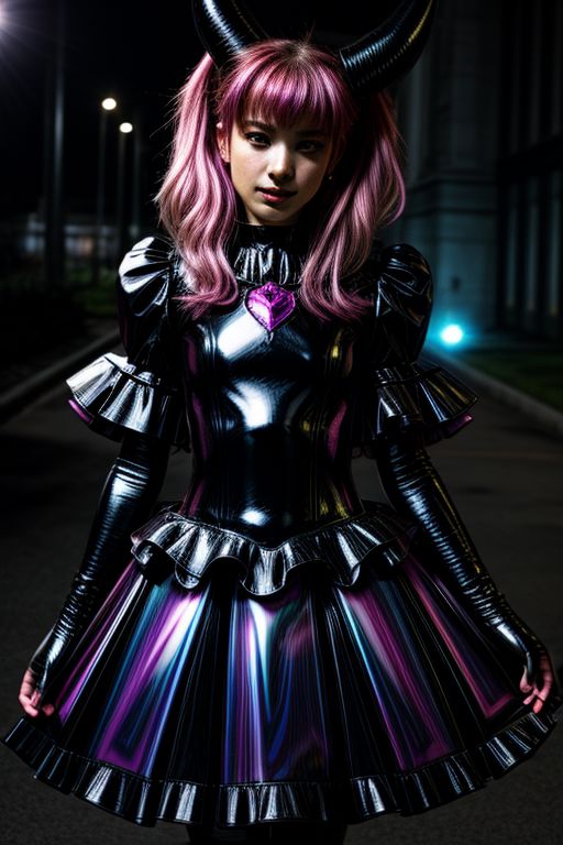 evil corrupted young princess wearing dark pastel (ruffled:1) (gleaming rubber:1.5) EvlSM DarkPrecure Bad_End_Precure gown with (long rubber cape:1) and rubber elbow bridal gauntlets, (Perfect Face:1), soft lighting, glossy red lips, ruffles,