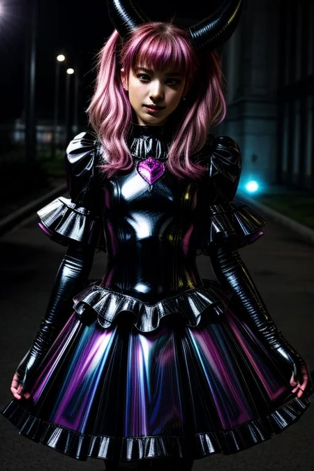 evil corrupted young princess wearing dark pastel (ruffled:1) (gleaming rubber:1.5) EvlSM DarkPrecure Bad_End_Precure gown with (long rubber cape:1) and rubber elbow bridal gauntlets, (Perfect Face:1), soft lighting, glossy red lips, ruffles,