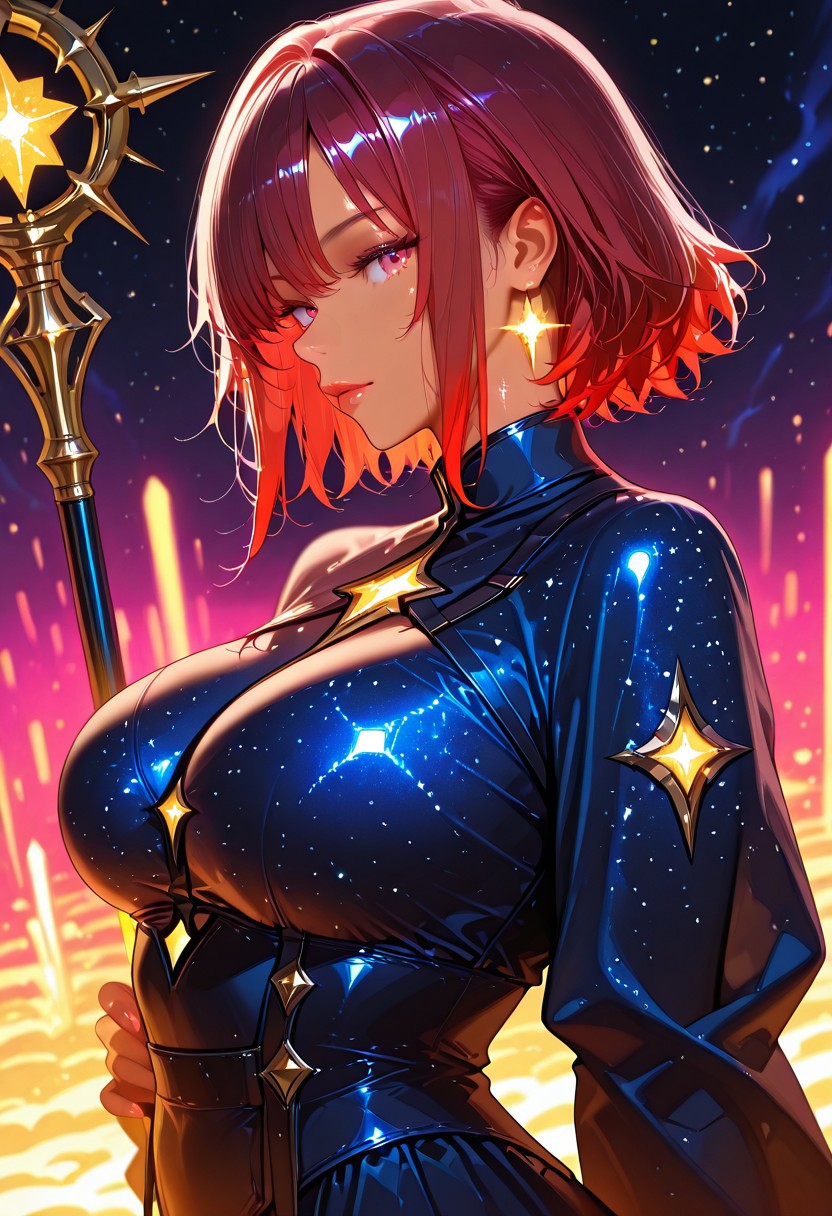 1girl, short red hair, slick, tan skin, large breasts, bouncy, glowing skin, sheer starry mantle, glowing crystal staff, posing with power, looking at viewer, from side
BREAK
starlit cliff, glowing dunes, cosmic breeze, faint aurora
BREAK
realistic anime style, ultra-detailed, 8K, absurdres, neon colors, depth of field, cinematic lighting, high contrast, starry glow, sharp outlines, rich details, celestial beauty
BREAK
masterpiece, ultra-detailed, 8K, vivid colors, source_realistic:1.6, score_9_up, score_8_up:1.3, anime style, vibrant colors, high contrast, dynamic light, warm glow, sharp outlines, rich details, seductive atmosphere