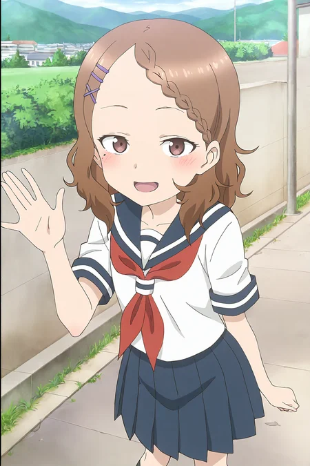 masterpiece,best quality,good quality,rating safe,outdoor, <lora:houjou-ill_narcissu:1>, 1girl,solo,houjou, houjou_(takagi-san),brown hair, hairclip, school uniform, mole, mole under eye, braid, serafuku, x hair ornament, medium hair, brown eyes, braided bangs, skirt, blue skirt, serafuku, red neckrchief, short sleeves, blue sailor collar,black socks,anime screencap, standing,smile,looking at viewer,waving hand,open mouth,blush