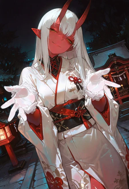 masterpiece, best quality, good quality, newest, highres, absurdres, volumetric lighting,gradient color,
BREAK
raytracing, volumetric lighting, ambient occlusion, girl, luminescent background, masterpiece, best quality, very awa, absurdres,
BREAK
Aka-Oni, oni, colored skin, (red skin:1.3), straight horns, solo, long hair, model style,
evil eyes, evil, bullying, sinister,
BREAK
masterpiece,amazing quality,best quality,ultra-detailed,8K,illustration,CG,shiny hair,clear skin,ultra-detailed-eyes,simple background,cute girl, eyelashes
BREAK,
white gloves, see-through gloves, long kimono, outdoors, shrine, night, moonlight, dutch angle, dark theme, high contrast, reaching towards viewer, foreshortening, smile, half-closed eyes, head tilt, sash,