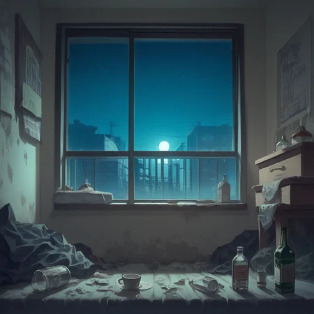 score_9, score_8_up, score_7_up, score_6_up, score_5_up, score_4_up, zPDXL2,source_anime,rating_questionable, 1girl, night, <lora:Messy_Room:0.8> m3ss, indoors, messy room, cup, bottle, window,mess