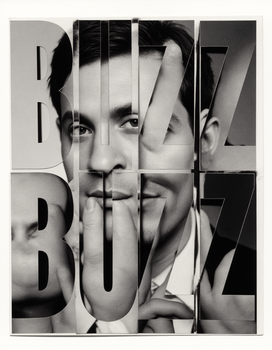 Promotional poster featuring an experimental portrait photography spliced and rearranged, creating the title "BUZZ BUZZ BUZZ" in surreal geometric font, divided into small triangular shapes. Digital collage photo manipulation.