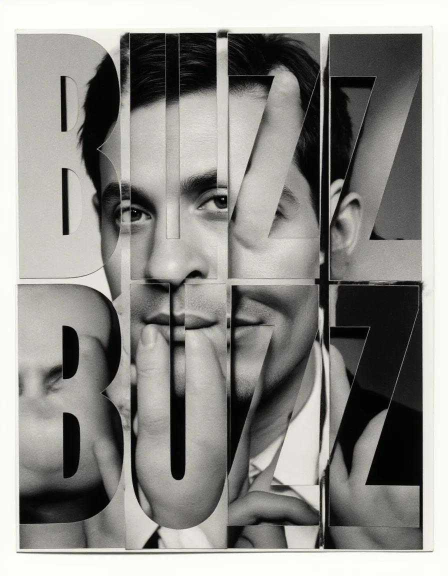 Promotional poster featuring an experimental portrait photography spliced and rearranged, creating the title "BUZZ BUZZ BUZZ" in surreal geometric font, divided into small triangular shapes. Digital collage photo manipulation.
