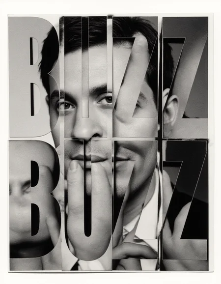 Promotional poster featuring an experimental portrait photography spliced and rearranged, creating the title "BUZZ BUZZ BUZZ" in surreal geometric font, divided into small triangular shapes. Digital collage photo manipulation.