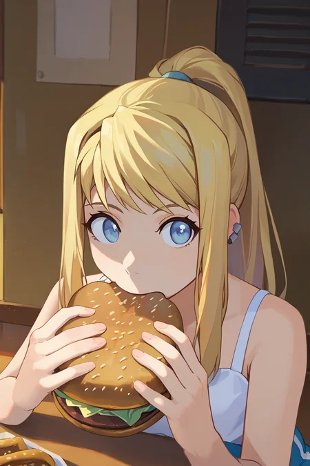 score_9, score_8_up, score_7_up, score_6_up, source_anime BREAK 1girl, solo <lora:winry-pdxl-nvwls-v1-000006:1> winry rockbell, blonde hair, earrings, ponytail, white camisole, frills, dolphin shorts, sitting, <lora:jermawhopper-pdxl-nvwls-v1:1> jermaWhopper, eating, burger, looking at you, upper body