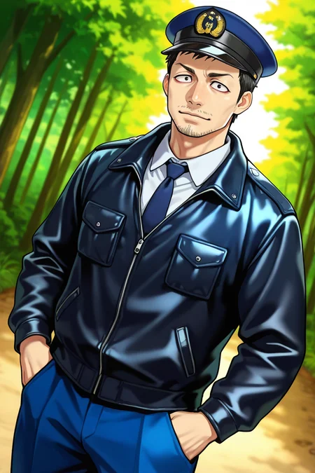 perfect anatomy, perfect proportions, best quality, masterpiece, high_resolution, high quality, best aesthetic, incredibly absurdres, highres, extremely detailed, huge filesize, mature, masculine, manly, virile, handsome, charming, alluring, bara, male focus, solo male, cowboy shot, dutch angle, source_manga \(Gannibal\), official style \(Gannibal\), Agawa Daigo \(Gannibal\), GNBAgawa, black hair, short hair, black eyes, facial hair, stubble, GNBAgawa_Outfit02, policeman, police uniform, Japanese police uniform, dark blue police peaked cap, white collared shirt, dark blue necktie, black leather jacket, dark blue pants, looking at viewer, rural, pastoral, forest, creep, suspense, horror, manga, manga brushwork style, traditional drawing, (colored image, natural colour:1.5)