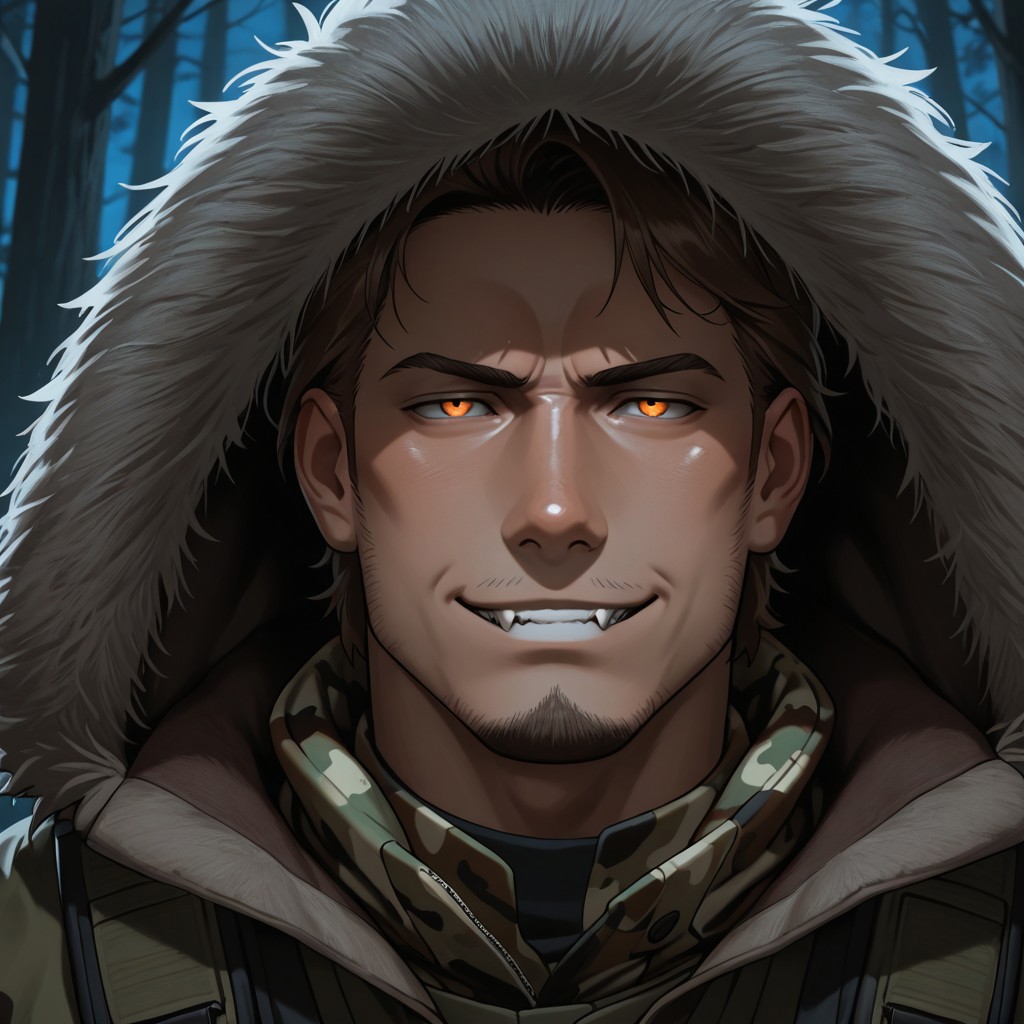 masterpiece, best quality, amazing quality, absurdres, newest, detailed background, definition so sharp, Ultra-HD, 8K cinematic, very awa, impressionate, amazing quality, highres, 
solo, male focus, manly, shadow, shiny skin,
shimonmakusu, shimon_brunette, shimon_orange eyes, 1boy, short hair, stubble, goatee, mature male, hunter, predatory_gaze, fanged_smile, wilderness, forest, camo_clothing, night_vision, stalking, silent, dangerous, survivalist, sharp_eyes, stealth, animal_pelt