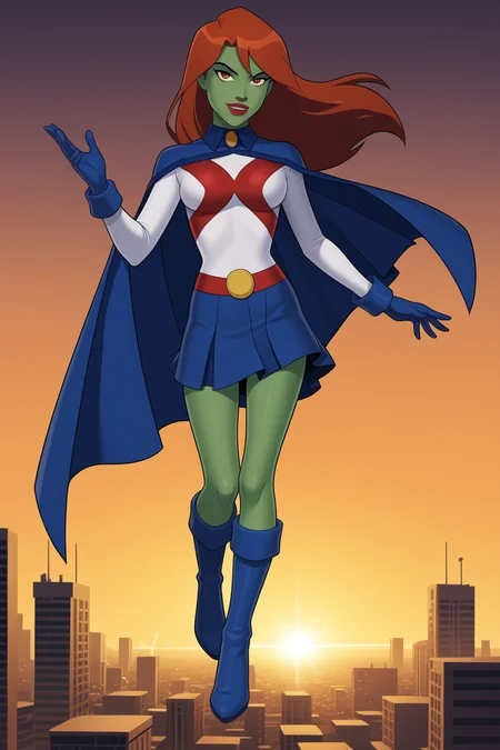 source_cartoon, source_anime, score_9, score_8_up, score_7_up, score_6_up, score_5_up, ((zPDXL, zPDXLxxx)), <lora:add-detail-xl:3> <lora:Anime Enhancer XL V2:0.8> enhancer, masterpiece, raytracing, absurd, intricate BREAK <lora:Miss_Martian:0.8> missmartian, 1girl, solo, red hair, looking at viewer, long hair, lipstick, green skin, shirt, skirt, cape, gloves, boots, standing, flying in the air, city skyline, dynamic pose