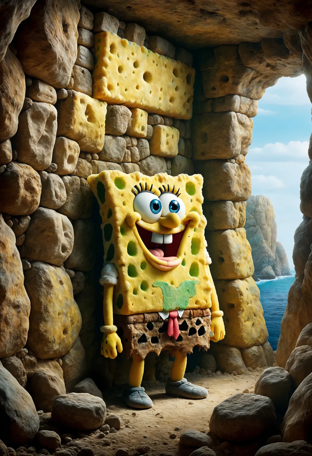 Sponge Bob painting a picture of Patrick on a cavern's walls <lora:dvr-stnd:1> dvr-stnd