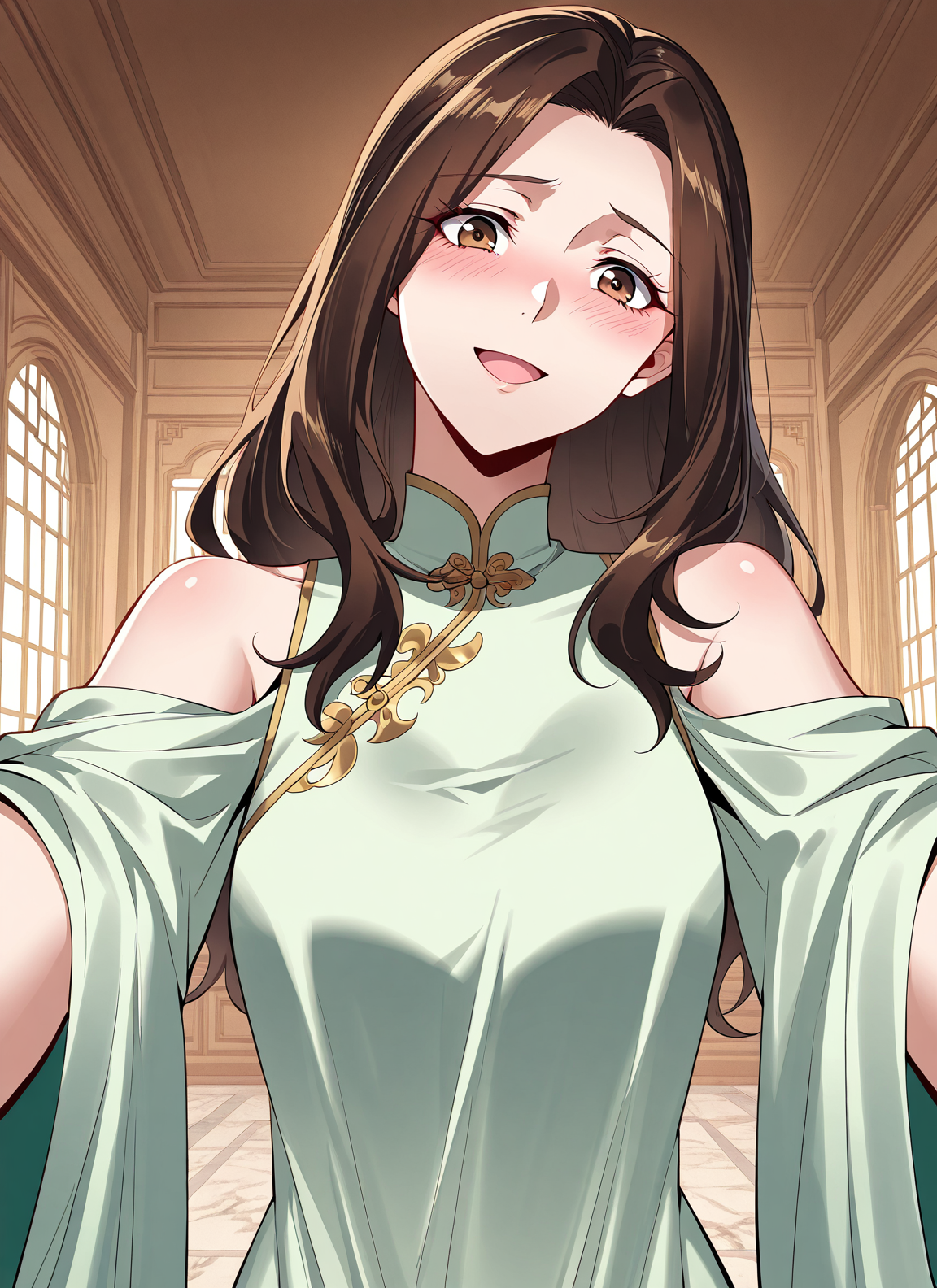 <lora:Lu_Luo:1>
1 girl, solo, long hair, brown hair, brown eyes, bangs
chinese clothes, green dress, bare shoulders, shoulder cutout, clothing cutout
score_9, score_8_up, score_7_up, score_6_up, source_anime, rating_explicit, 1girl, solo, smile, embarrassed, alcalose eyes, open mouth, mansion, indoors, looking at viewer, outstretched arms, pov, close-up, (head tilt:1.2)
