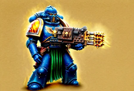 Score_9_up, absurdres, source: GamesWorkshop, grimdark, gothic horror, an adeptus astartes Ultramarines Infernis space marine in armor and helmet wielding a flamer