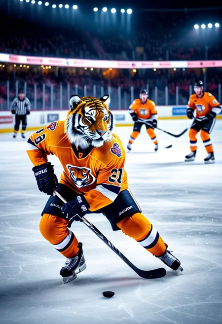 humanoid tiger playing hokey, tiger is an ice hockey player, snow, ice, at night, at stadium, people on the stands, bokeh, 
(masterpiece), sharp, 4k, real graphics, cinematic photo, intense, high contrast, photography, high detail, photorealism, 8k