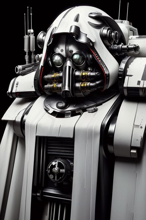 ((masterpiece,best quality)), absurdres, mechanical arms, robes, hood, ((techpriest)), cyborg, mechanical face, (TheEmpireStyle, white) mechanical limbs, gas mask, black robe, 1other, solo, ((Warhammer 40000))