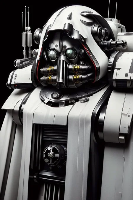 ((masterpiece,best quality)), absurdres, mechanical arms, robes, hood, ((techpriest)), cyborg, mechanical face, (TheEmpireStyle, white) mechanical limbs, gas mask, black robe, 1other, solo, ((Warhammer 40000))