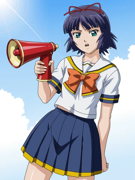 source_anime, score_9, <lora:kitamilast:0.75> hskitami, school uniform, megaphone