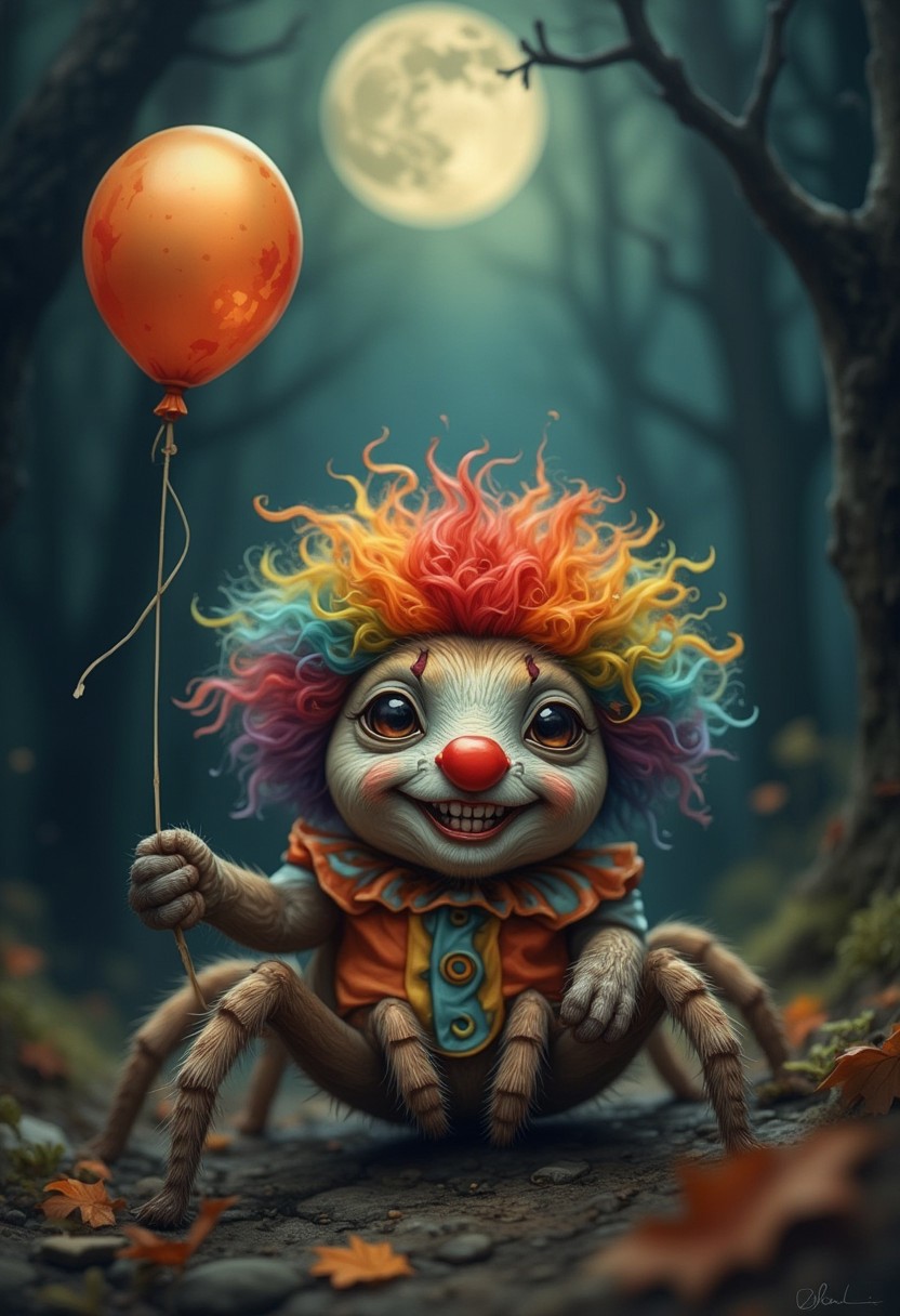 Wcol style. Fantasy. Whimsical. A tiny, adorable tarantula dressed as a clown. The tarantula is wearing a miniature clown costume, complete with a red nose and a colorful wig. It has a mischievous grin and is holding a tiny balloon in its fangs. The background should be a dark, spooky forest, with a full moon hanging low in the sky.