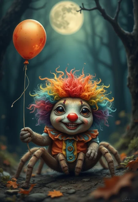 Wcol style. Fantasy. Whimsical. A tiny, adorable tarantula dressed as a clown. The tarantula is wearing a miniature clown costume, complete with a red nose and a colorful wig. It has a mischievous grin and is holding a tiny balloon in its fangs. The background should be a dark, spooky forest, with a full moon hanging low in the sky.