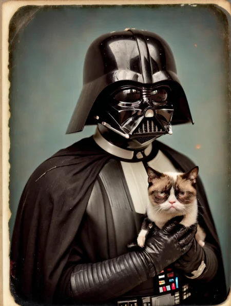 vintage photo of Darth Vader holding grumpy cat, from the side, simple background,
damagedphoto, scratches, smudges, fingerprints, mottled, liquid stain, torn, crease, streak, vignette, black shape, speckles, heavy damage, fade, blur, border, foggy, tape, corners, edges
<lora:fix_hands:3>
<lora:PhotoDetailXL:2>
<lora:FunkyLensXL:3>
<lora:PerfectEyesXL:1>
<lora:Damaged_Photos_daguerreotype_V1_SDXLBase:1>