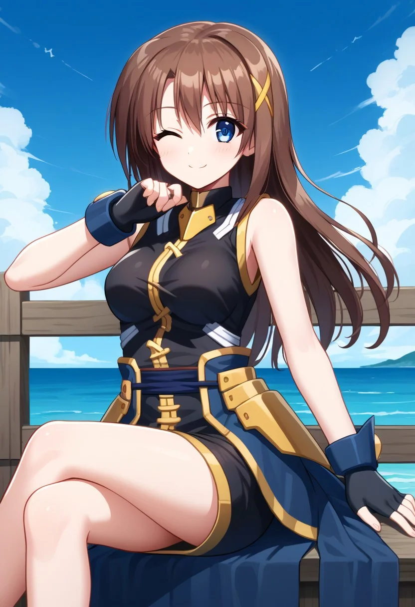 score_9, score_8_up, score_7_up, source_anime, good anatomy, 1girl, solo, HayateYagami, brown hair, long hair, x hair ornament, blue eyes, black dress with gold trim, short dress, fingerless gloves, bare shoulders, bare legs, corset, sitting, crossed legs, smiling, winking, on fence, ocean, blue sky, clouds