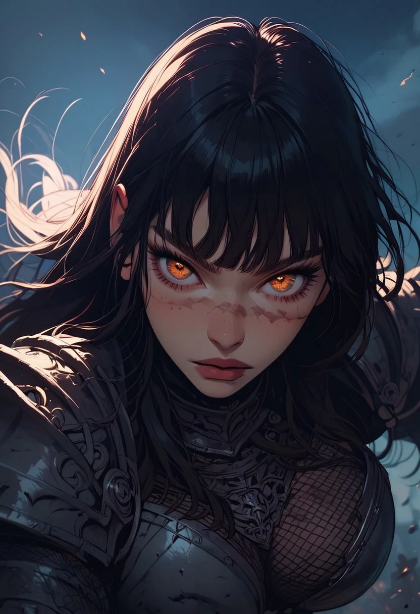 Score_9, Score8_up, Score_7_up, (((High Resolution, Best Quality))),
1girl, beautiful, breasts, battle scarred, damaged armor, fishnets under armor, bangs, long hair, plated armour, holding battleaxe, battle stance, dynamic angle, ancient fantasy city, battle-ready stance, dynamic pose, at night, moonlight, riding a nimbus cloud, nimbus, directional lighting, viewed from above,
beautiful eyes, detailed eyes, perfect eyes, orange eyes, beautiful eyes, looking at viewer, extreme foreshortening,