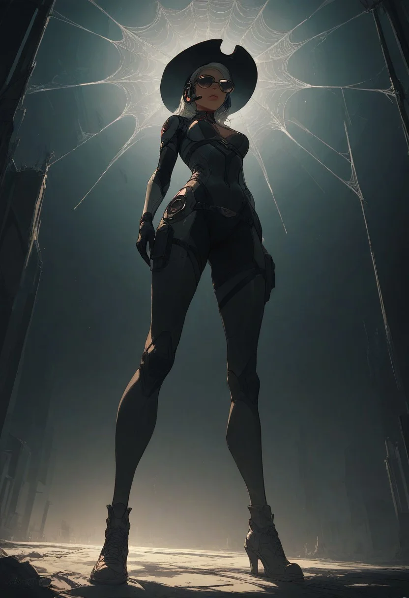 (score_9,score_8_up,score_7_up:1), 1girl, full body, low angle view from below, old spider web, big cowboy hat, futuristic mirror sunglasses, full face headset, body armor, neon light