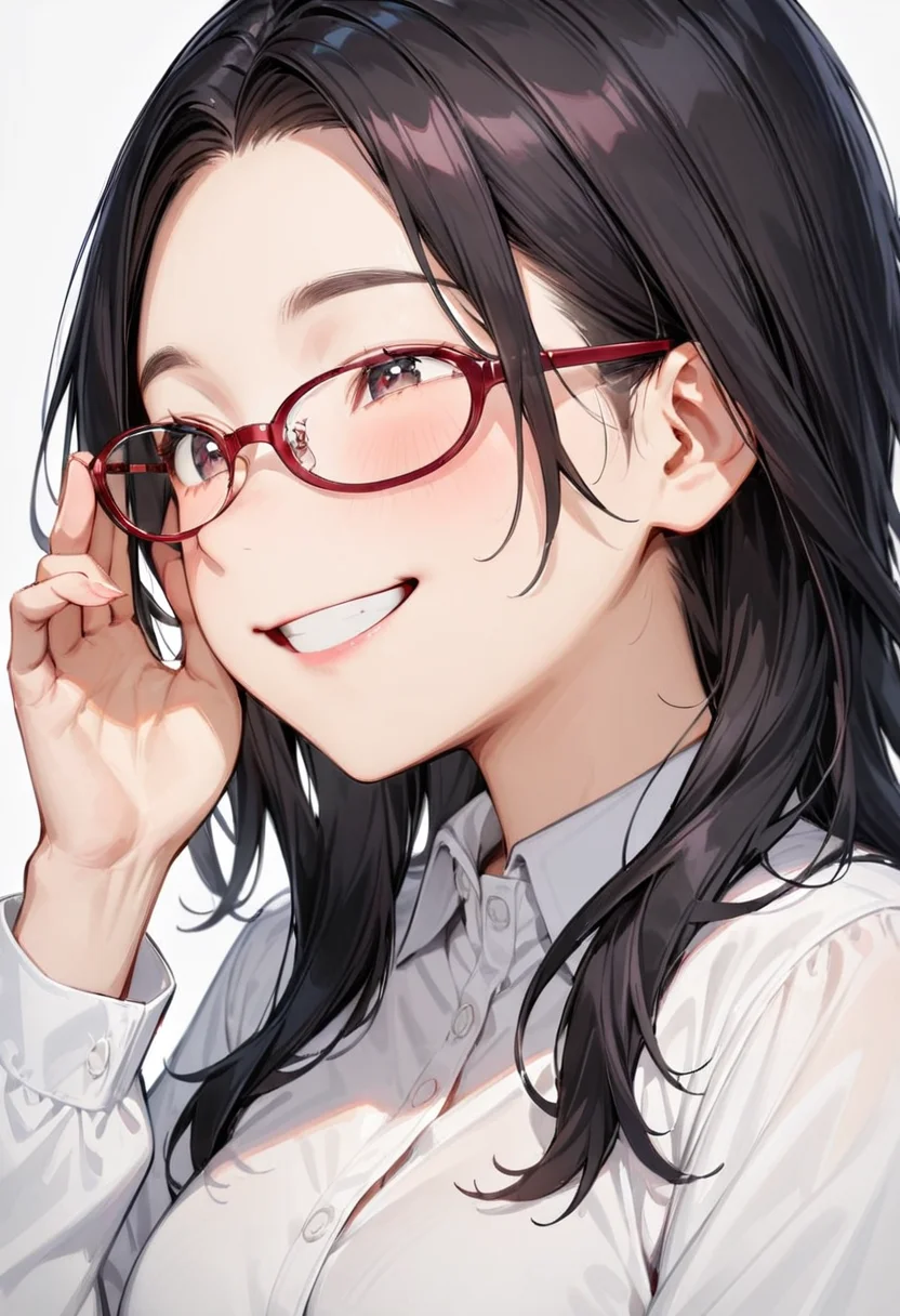 masterpiece, best quality, very aesthetic, absurdres,
1girl, solo, black hair, long hair,
oval_cell, glasses, red-framed eyewear,
collared shirt, happy, smile, looking at another, adjusting eyewear, white background, simple background,
<lora:oval_glasses_cell-frame2_SDXL_V1:0.8>
