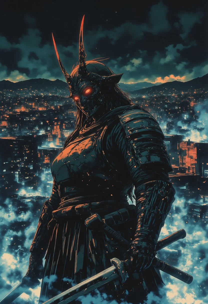 futuristic armor, in a dark futuristic style, Ronin, 1girl, battle-hardened warrior, scars, battle worn, she wears battered armor, katanas, dual katanas, Thick smoke swirls around her, creating an atmosphere of mystery and tension, In the distance, a neon city can be seen on the horizon, illuminating the dark night and adding a futuristic contrast to its image,
