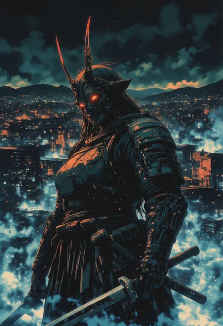 futuristic armor, in a dark futuristic style, Ronin, 1girl, battle-hardened warrior, scars, battle worn, she wears battered armor, katanas, dual katanas, Thick smoke swirls around her, creating an atmosphere of mystery and tension, In the distance, a neon city can be seen on the horizon, illuminating the dark night and adding a futuristic contrast to its image,