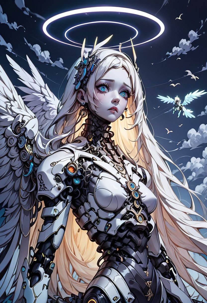 score_9, score_8_up, score_7_up, xenotr1p, (angel), (wings), (white, marble), mcnm, absurdres, (UHD), pure, sad look, (halo), holy, white glow, angelic, Robot Skin, Android Skin, perfecteyes, , surrounded by clouds, highly detailed, best quality, masterpiece, digital_art, <lora:Mechanism-pdxl-1:1.0>,
composition;(flying), (close up), (unfocused look)
