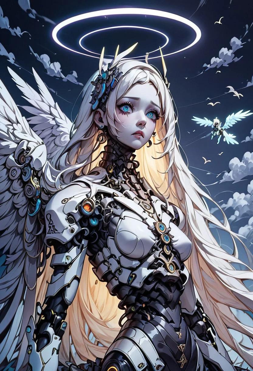 score_9, score_8_up, score_7_up, xenotr1p, (angel), (wings), (white, marble), mcnm, absurdres, (UHD), pure, sad look, (halo), holy, white glow, angelic, Robot Skin, Android Skin, perfecteyes, , surrounded by clouds, highly detailed, best quality, masterpiece, digital_art, <lora:Mechanism-pdxl-1:1.0>,
composition;(flying), (close up), (unfocused look)