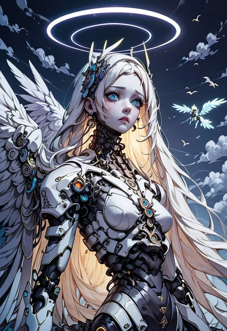 score_9, score_8_up, score_7_up, xenotr1p, (angel), (wings), (white, marble), mcnm, absurdres, (UHD), pure, sad look, (halo), holy, white glow, angelic, Robot Skin, Android Skin, perfecteyes, , surrounded by clouds, highly detailed, best quality, masterpiece, digital_art, <lora:Mechanism-pdxl-1:1.0>,
composition;(flying), (close up), (unfocused look)