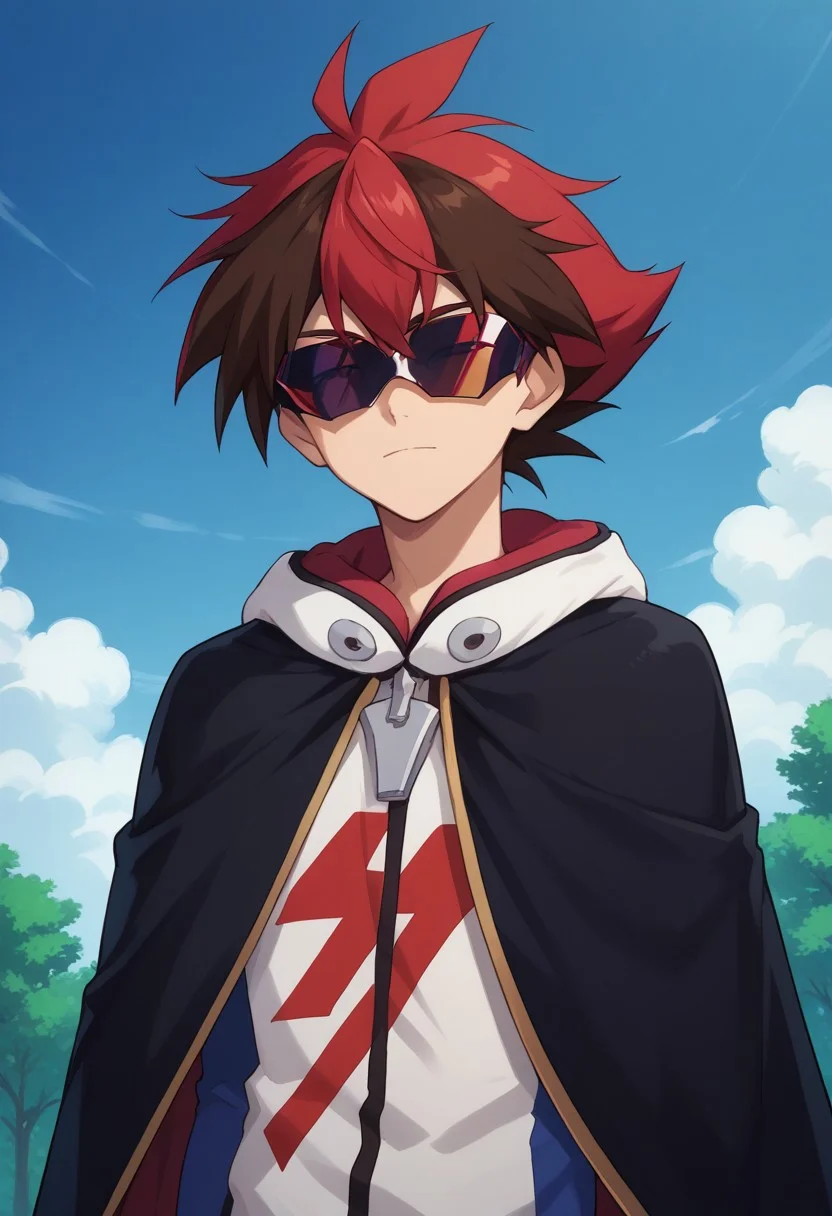 score_9, score_8_up, score_7_up, source_anime, highly detailed,
hiroryuga, 1boy, male focus, solo, red hair, multicolored hair, two-tone hair, cape, visor glasses, sunglasses, upper body,
brown hair, hood,
outdoor, sky, clouds, tree