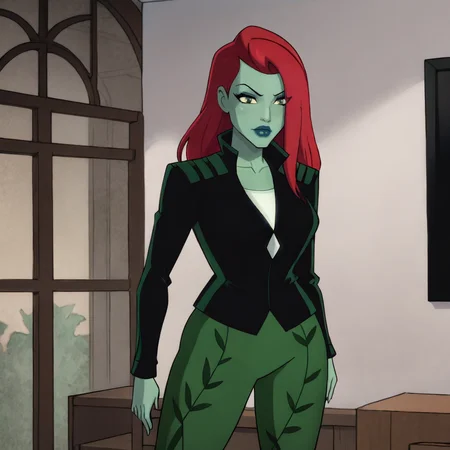 <lora:poisonivycartoon_pony_v1:1> PoisonIvyCartoon, 1girl, lipstick, makeup, jacket, large breasts, pants, yellow eyes, green skin, colored skin, long red hair, black lips, cowboy shot