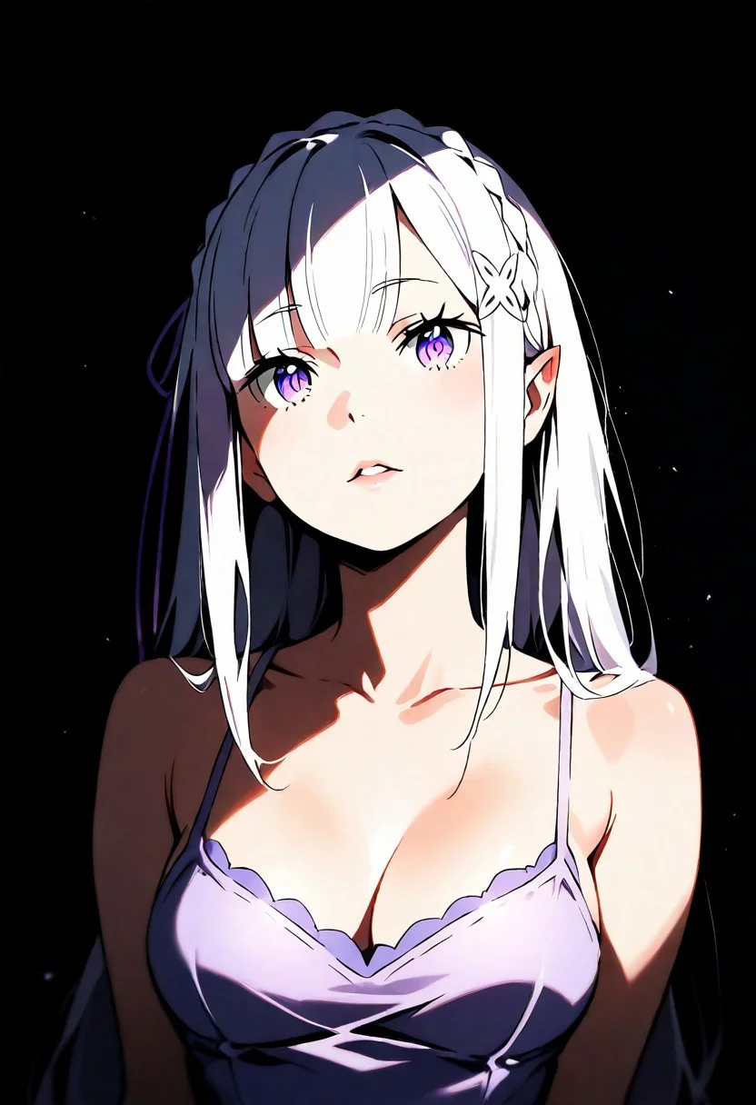 1girl, Emilia (Re: Zero), lips, thin lips, parted lips, solo, looking at viewer, camisole, upper body, dark, underlightling, masterpiece, best quality, very aesthetic