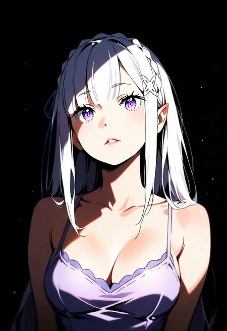 1girl, Emilia (Re: Zero), lips, thin lips, parted lips, solo, looking at viewer, camisole, upper body, dark, underlightling, masterpiece, best quality, very aesthetic
