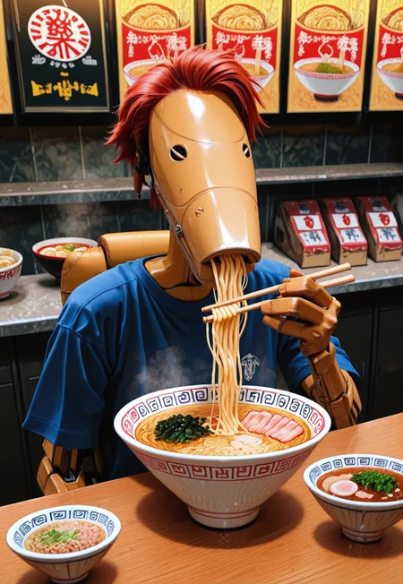 Masterpiece, absurdres, highest quality, highly detailed, newest, 8k, semi-realistic, solo, b1bd, cl4nker, t-shirt, short red hair, eating ramen, detailed bowl of ramen, eating with chopsticks, no humans, ramen shop background, detailed background,
