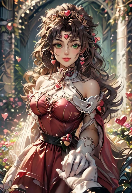 zPDXLxxx ((score_9, score_8_up, score_7_up)), masterpiece, perfect anatomy, perfect face, 1girl, solo, roguexmxl, valentinenaturestyle BREAK green eyes, lipstick, brown hair, two-tone hair, white hair, long hair, messy hair, big breasts BREAK red dress, love dress, elbow gloves, white gloves, heart choker, looking at viewer, tiara, holding hands, solo focus, pov hands, out of frame, happy, smile, closed eyes BREAK indoors, valentine decorations