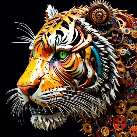 sfw, dynamic splashes, bright colors, high contrast, close up of a tiger head made of roast gears with colourful metal , hyperdetailed, photorealistic,<lora:challenge\gearstyle-000001.safetensors:0.8500000000000002:0.8500000000000002>