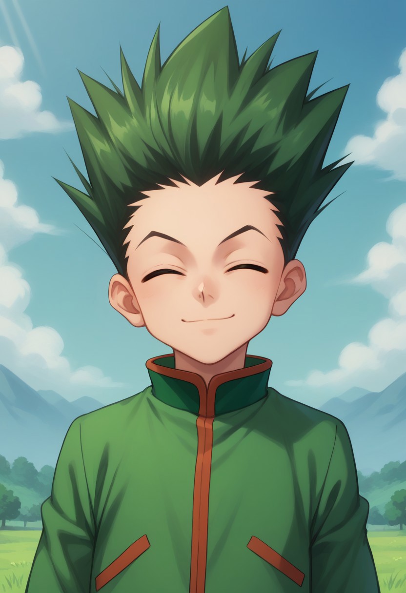 score_9, score_8_up, score_7_up, source_anime, highly detailed,
gonfreecs, solo, 1boy, male focus, green hair, spiked hair, smile, upper body, closed eyes, looking at viewer, jacket, green jacket,
outdoor, sky,