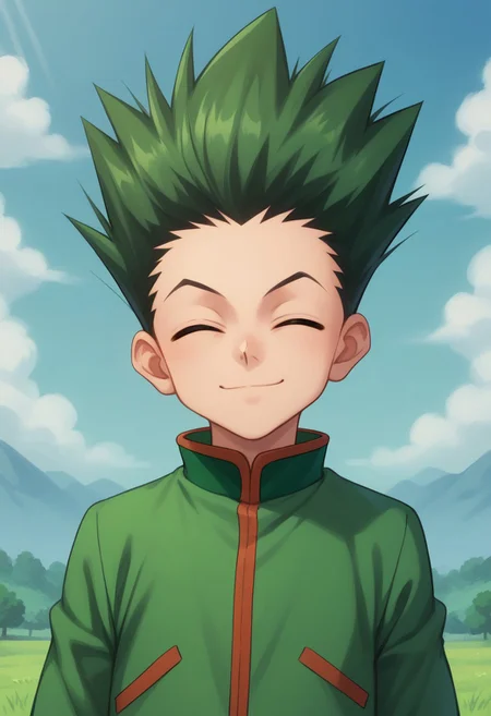 score_9, score_8_up, score_7_up, source_anime, highly detailed,
gonfreecs, solo, 1boy, male focus, green hair, spiked hair, smile, upper body, closed eyes, looking at viewer, jacket, green jacket,
outdoor, sky,