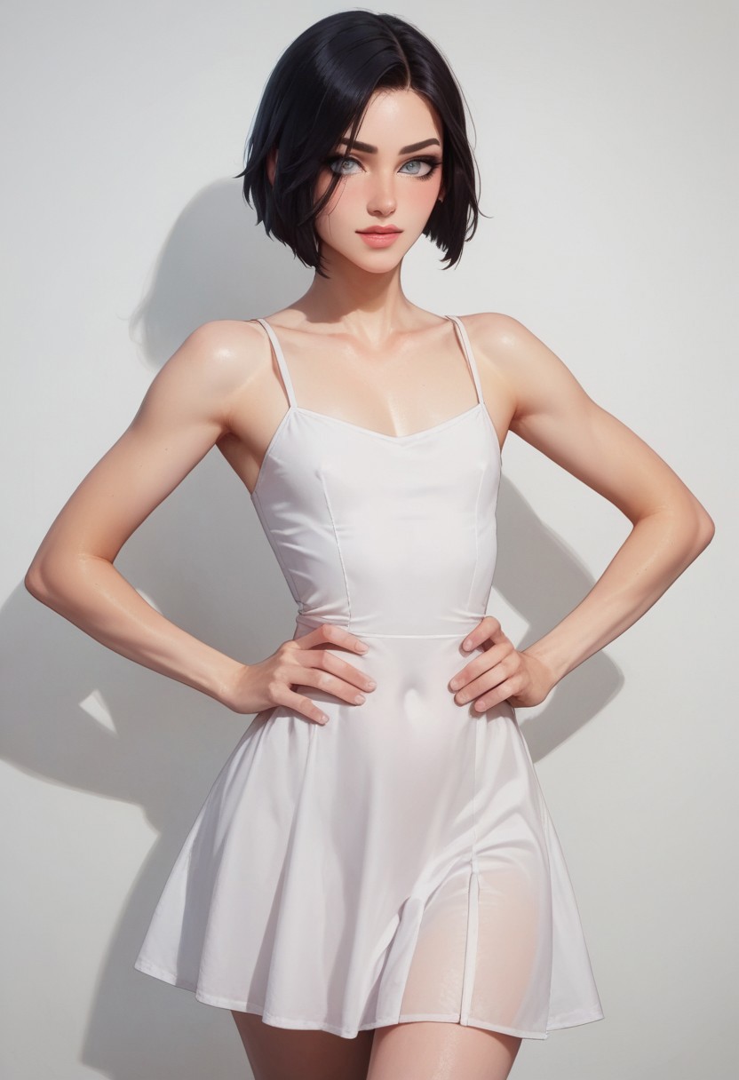score_9, score_8_up, score_7_up, 1boy, femboy, otoko no ko, short hair, bob cut hair, black hair, grey eyes, gray eyes, feminine face, toned body, Shelly, summerdress, white dress, sheer, highly detailed, intricate, zzCitronCAT, standing, contrapposto, hands on hips, confident expression, cowboy shot, modelshoot, abstract background, solo
