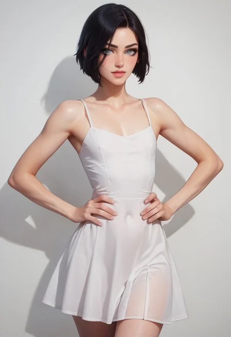 score_9, score_8_up, score_7_up, 1boy, femboy, otoko no ko, short hair, bob cut hair, black hair, grey eyes, gray eyes, feminine face, toned body, Shelly, summerdress, white dress, sheer, highly detailed, intricate, zzCitronCAT, standing, contrapposto, hands on hips, confident expression, cowboy shot, modelshoot, abstract background, solo