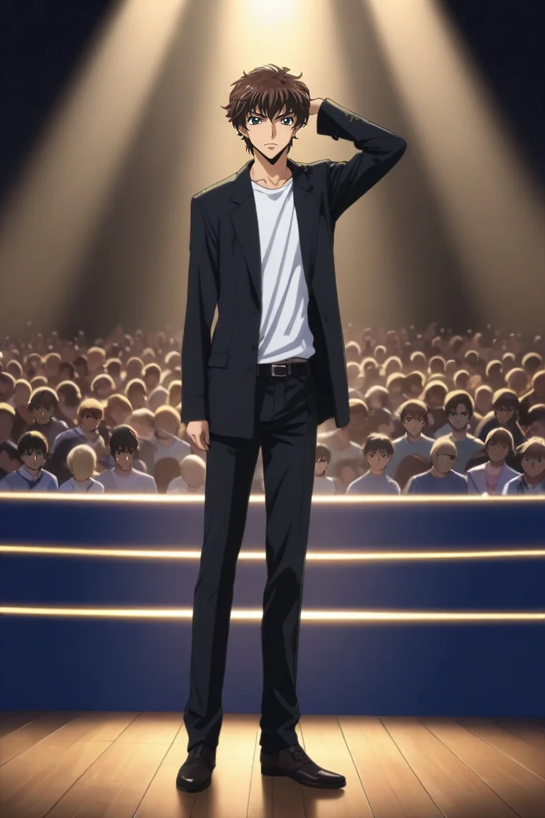 score_9, score_8_up, score_7_up, source_anime, rating_safe, intricate details, (realistic:0.6), looking at viewer, depth of field, 1boy, solo, male focus, <lora:suzaku_kururugi_pony:0.98>, suzaku_kururugi, brown hair, green eyes, straight-on, full body, concert, day, arm up, angry, ,, <lora:sdxl_lightning_8step_lora:1>