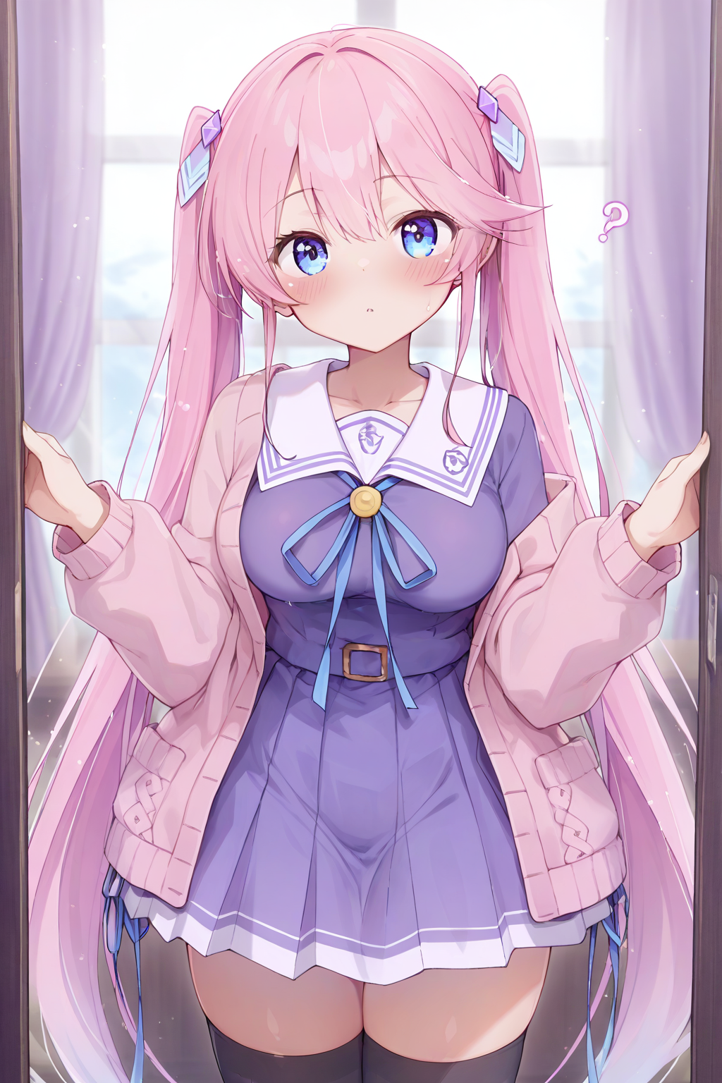 1girl,looking at viewer,facing viewer, front viewer, <lora:enotesv2:0.8>? <lora:OUKA SHIUNJI_illustrious:1> OUKA SHIUNJI,twintails,blush,collarbone,hair ornament,bangs,pink hair,blue eyes,medium breasts,long hair,  dress,purple dress,zettai ryouiki,school uniform,long sleeves,jacket,cardigan,pink cardigan,blue ribbon,very long ribbon,purple serafuku,skirt,purple skirt, sailor collar,highhighs,black thighhighs,, breasts,digital illustration,1girl, masterpiece, best quality,highres,
